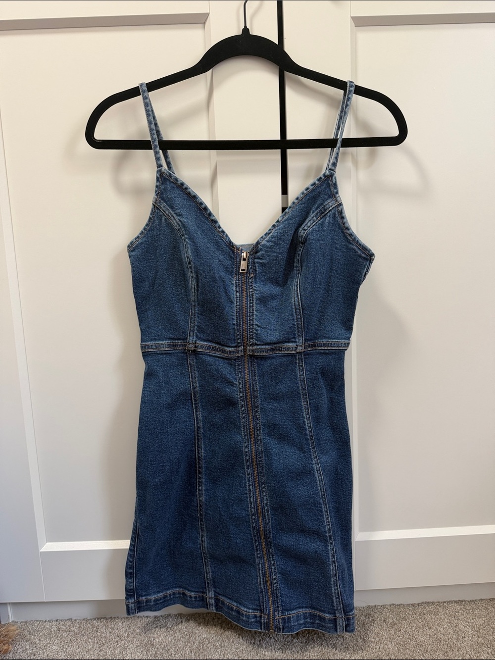 American Eagle Denim Zip-Front Spaghetti Strap Dress - Blue